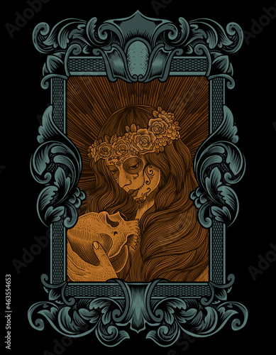 illustration sugar skull woman with engraving style