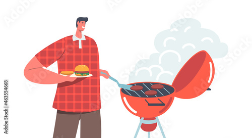 Male Character Spend Time on Outdoor Bbq Cooking Meat and Sausages on Barbecue Machine at Front Yard Having Fun