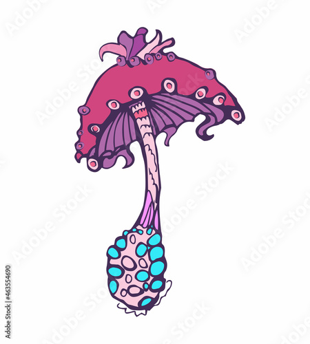 Fantasy decorative icon of magic mushroom on white background. Hand drawn concept. Vector illustration.