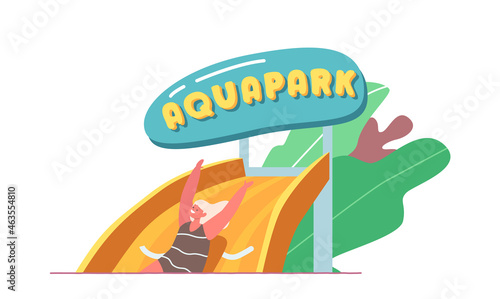 Kid Aquapark Entertainment, Amusement Aqua Park with Water Attractions, Girl Riding Slide in Swimming Pool
