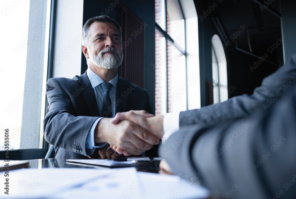 Fototapeta premium Good deal. Two business people shaking hands while sitting at the working place.