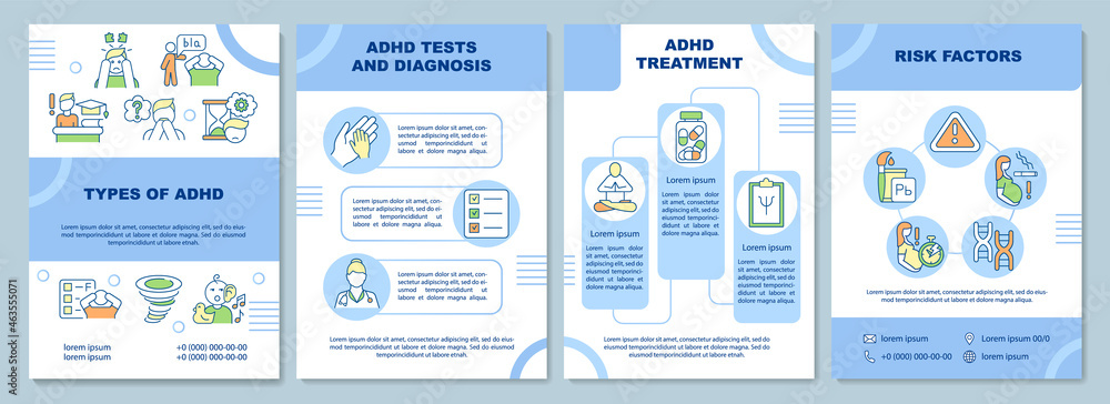 Types of ADHD brochure template. Attention deficit diagnosis. Flyer, booklet, leaflet print, cover design with linear icons. Vector layouts for presentation, annual reports, advertisement pages - obrazy, fototapety, plakaty 