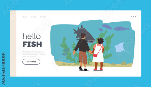 Children Visiting Oceanarium Landing Page Template. Baby Characters in Public Aquarium. Family Spare Time and Recreation