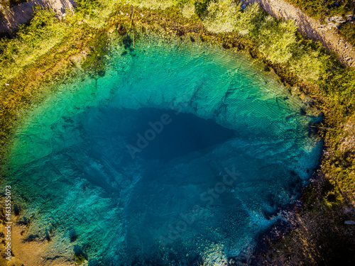 The spring of the Cetina River, izvor Cetine, in the foothills of the Dinara Mountain is named Blue Eye, Modro oko. Cristal clear waters emerge on the surface from a more than 100 meter-deep shaft. photo