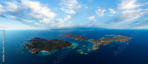 View from above, aerial shot, panoramic view of La Maddalena archipelago with Budelli, Razzoli and Santa Maia islands bathed by a turquoise and clear waters. Sardinia, Italy.