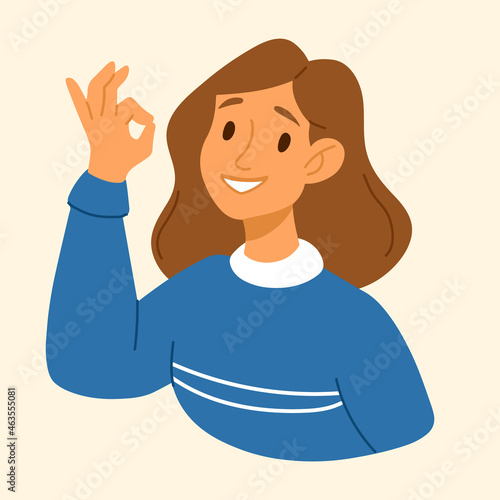 Young woman showing ok luck sign. Character gesturing of okay sign, agree, success. Human emotion sign. Nonverbal communication signal drawing. Body language concept.