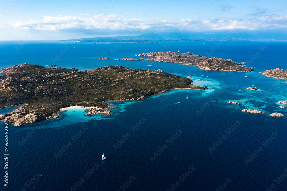 View from above, stunning aerial view of La Maddalena archipelago with Budelli, Razzoli and Santa Maia islands bathed by a turquoise and clear waters. Sardinia, Italy.