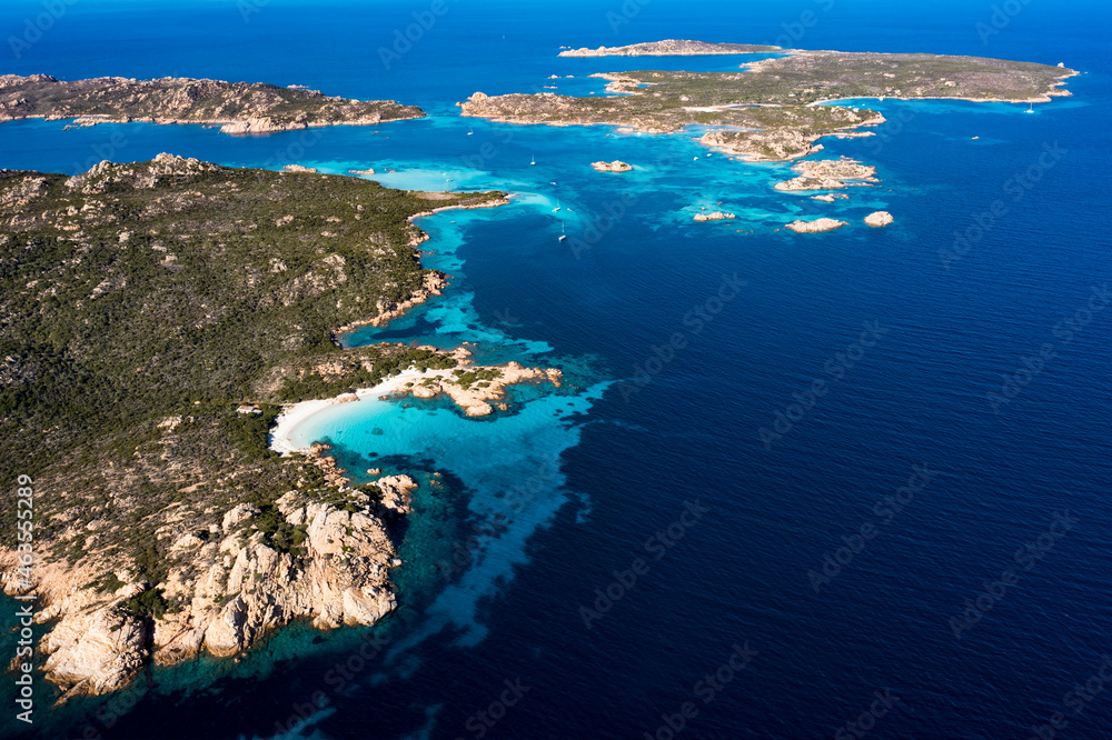 View from above, stunning aerial view of La Maddalena archipelago with Budelli, Razzoli and Santa Maia islands bathed by a turquoise and clear waters. Sardinia, Italy.