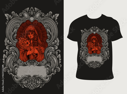 illustration sugar woman skull with engraving ornament frame