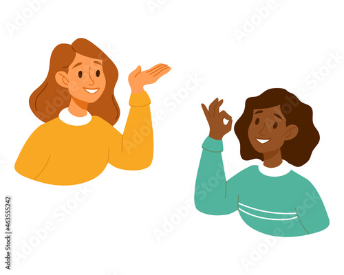 Two women talking, have a conversation, dialogue.Girl showing point with hand on something. Character gesturing hand. Human emotion ok sign. For banner. Nonverbal communication signal drawing.