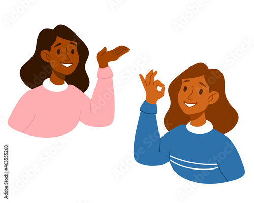 Two women talking, have a conversation, dialogue.Girl showing point with hand on something. Character gesturing hand. Human emotion ok sign. For banner. Nonverbal communication signal drawing.