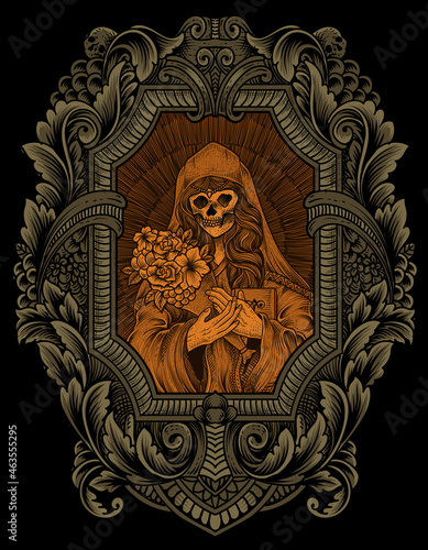 illustration sugar woman skull with engraving ornament frame