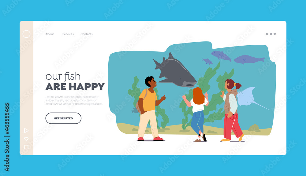 School Excursion Landing Page Template. Kids Characters Stand at Oceanarium Glass. Children Visiting Aquarium