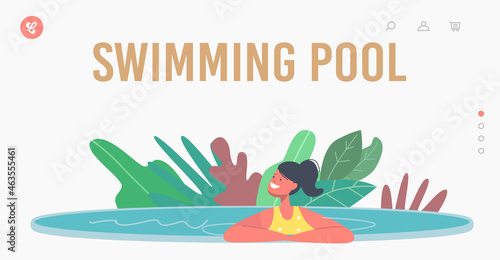 Swimming Pool Landing Page Template. Little Girl Character in Swimwear Playing in Aqua Park, Kid Fun on Summer Vacation