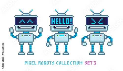 Pixel art 8-bit cartoon robots in retro style with funny emotions isolated vector illustration. Cute robot assistant character for mascot design