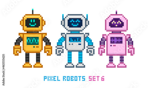 Pixel art cartoon robots avatars boy and girl fo 8-bit retro videogame - vector illustration. Cute yellow pink and white robots mascots characters set. Retro game superhero characters design