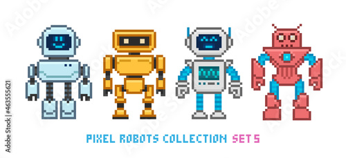 Fototapeta Naklejka Na Ścianę i Meble -  Pixel art cartoon robots and aliens in 8 bit style vector collection. Cute pixel girl and boy robot mascot and funny invader characters set. Retro game team superhero characters design