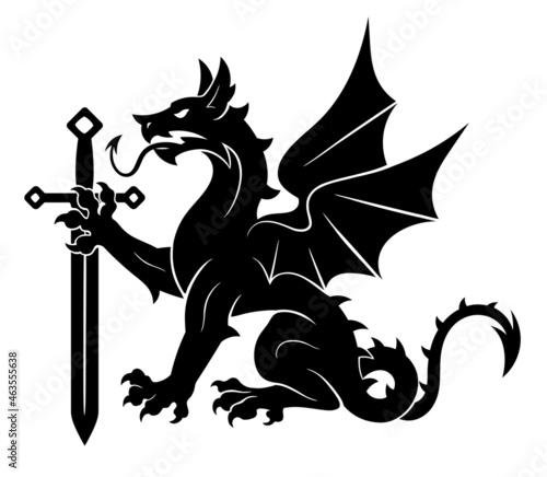 Black heraldic dragon with sword on the white background. Can be used in coat of arms design.