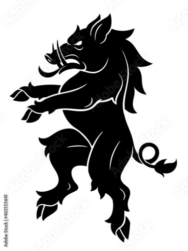Fotografiet Black vector heraldic wild boar on the white background