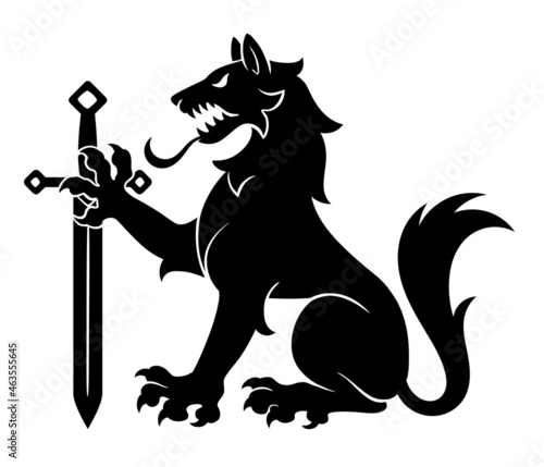 Black heraldic wolf with sword on the white background. Can be used in coat of arms design.