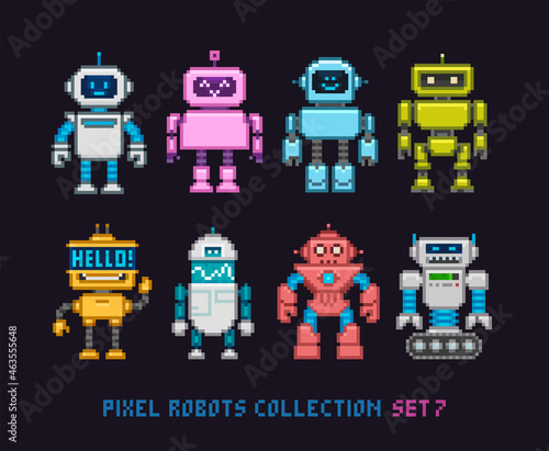 Pixel art cartoon robots and aliens in 8 bit style vector collection. Cute pixel girl and boy robot mascot and funny invader characters set. Retro game team superhero characters design