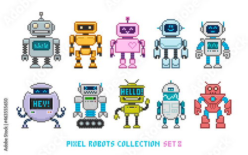 Cartoon colorful robots and aliens in pixel game style - vector collection. Cute pixel girl and boy robot mascot and funny invader characters set. Retro game team superhero characters design