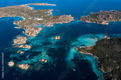 View from above, stunning aerial view of La Maddalena archipelago with Budelli, Razzoli and Santa Maia islands bathed by a turquoise and clear waters. Sardinia, Italy.