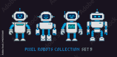 Pixel art 8-bit cartoon robots in retro style vector illustration. Cute robot assistant character for mascot design