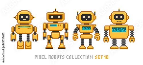 Pixel art 8 bit cartoon yellow robots in retro style isolated vector illustration. Cute robot assistant character for mascot design