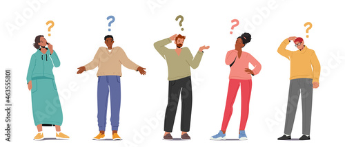 Set of People Asking Questions, Searching Information, Male and Female Characters with Question Marks over Head