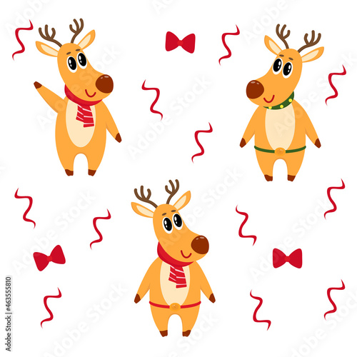 set of cure christmas cartoon deers isolated on white background