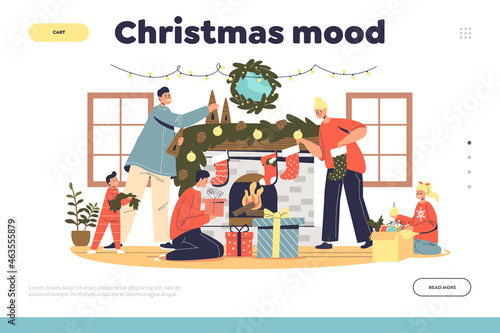 Christmas mood landing page with family decorating living room and fireplace for xmas celebration