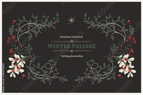 Winter foliage. Elegant Christmas frame, assembled of whimsical plants, branches and berries. Holiday composition, modern botanical page decor. Nordic aesthetics clip art.