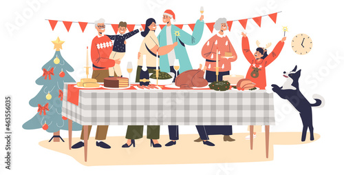 Happy family celebrate christmas gathering together at decorated table for holiday dinner