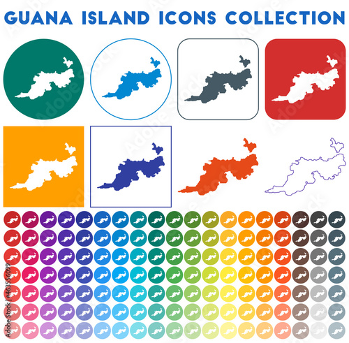 Guana Island icons collection. Bright colorful trendy map icons. Modern Guana Island badge with island map. Vector illustration.