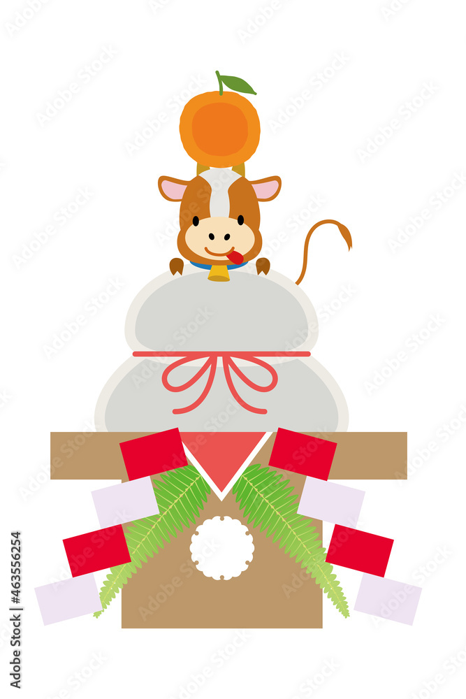 年賀状素材　子年｜鏡餅と可愛いウシ牛のイラスト　漫画　正月イメージ　アイコン