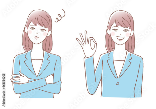 考える女性とOKサインを出す女性