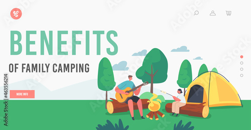 Benefits of Family Camping Landing Page Template. Kids Characters Roast Marshmallow on Fire and Playing Guitar