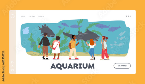 Aquarium Landing Page Template. Children in Oceanarium Looking at Ocean Fishes behind of Glass, Marine Flora and Fauna