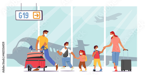 Family Summer Vacation, Travel with Children Concept. Parents and Kids in Airport Pushing Cart with Baggage Traveling