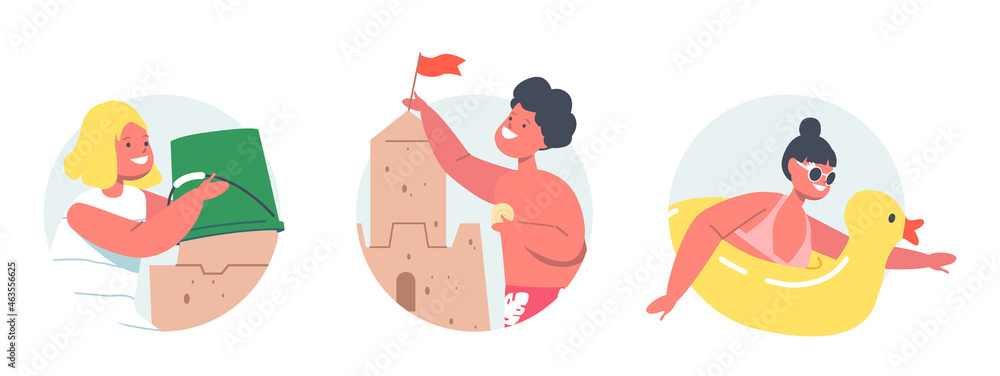 Set Boys and Girls Characters in Swimwear Playing on Sea Beach Building Sand Castle, Swim on Inflatable Ring. Kids Fun Set Boys and Girls Characters in Swimwear Playing on Sea Beach Building Sand Castle, Swim on Inflatable Ring. Kids Fun