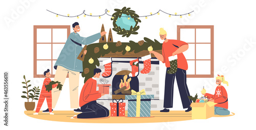 Happy family decorating living room for christmas celebration put socks for gifts on fireplace