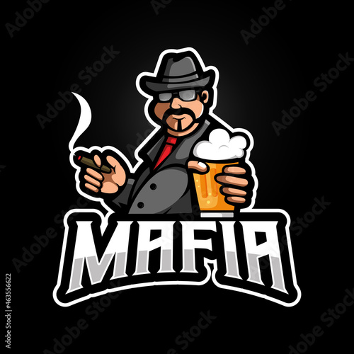 Mafia holding beer while smoking mascot logo design vector with modern illustration concept style for gaming, esport and team