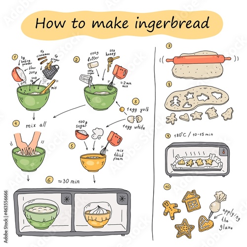Visual step-by-step instructions on how to make gingerbread. Vector hand-drawn cartoon color illustration.