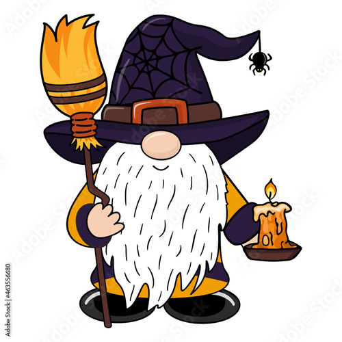 Halloween gnome with candle and broom. Halloween Gnome t shirt design vector. Cute Happy Halloween Vector illustration. 