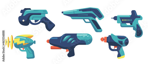Set of Water, Laser or Blaster Guns, Handguns and Rayguns Weapon. Toys for Kids Game, Alien Space Arms or Child Pistols