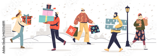 People carrying gifts boxes for christmas prepare new year and xmas presents for family and friends