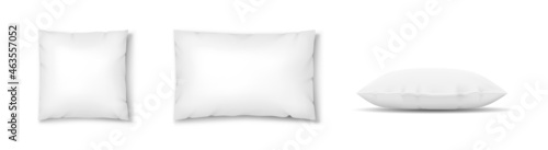 Realistic white pillow square shape. Comfortable cushion for sleep, rest, relax mockups set