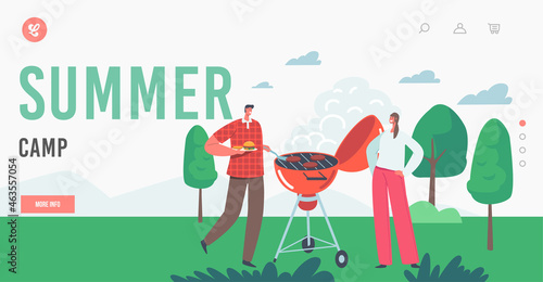Summer Camp Fun Landing Page Template. Male and Female Characters Spend Time on Outdoor Bbq Party, Camping Relax