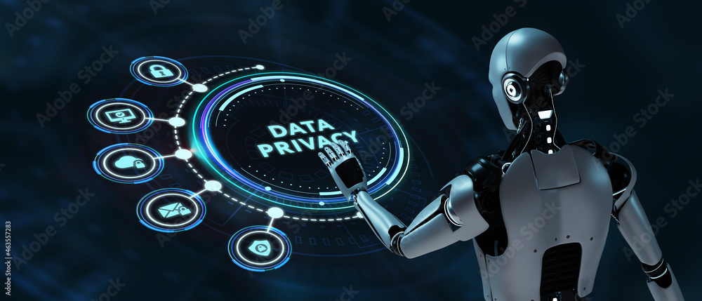 Cyber security data protection business technology privacy concept. Robot pressing button on virtual screen. 3d render